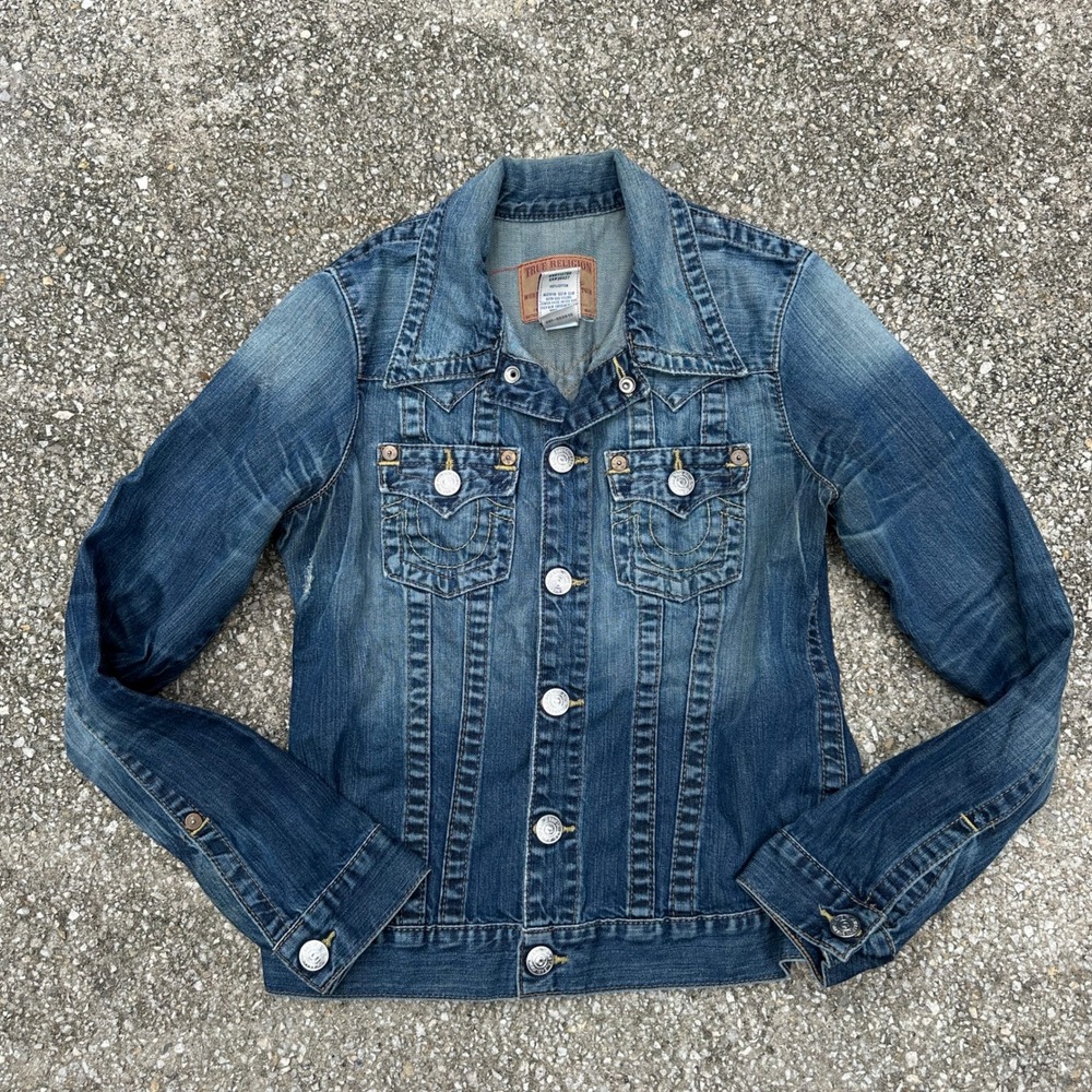 True Religion Jimmy Denim Jacket Mens Large Blue Trucker Faded Horseshoe Stitch
